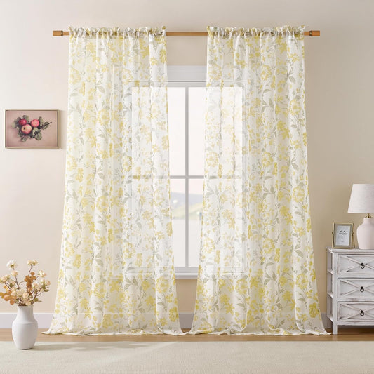 Floral Sheer Curtains 84 Inches Long 2 Panels for Living Room Country Rustic Flower Printed Curtains for Bedroom Rod Pocket Light Filtering Summer Botanical Window Drapes Privacy Decor, 52x84 Yellow