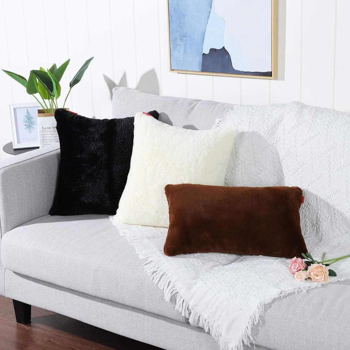 MANDIOO Pack of 2 Cream Yellow Faux Fur Fuzzy Cozy Soft Decorative Throw Pillow Covers Set Cushion Cases Pillowcases for Sofa Bedroom Car 18x18 Inches