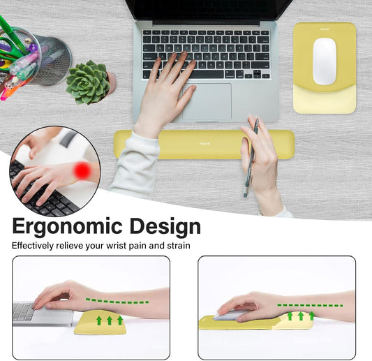 Wrist Rest Support for Mouse Pad&Keyboard Set, Rectangular Ergonomic Mousepad Non-Slip Base Home/Office Pain Relief&Easy Typing Pad with Neoprene Cloth&Raised Silicone Lining, Yellow