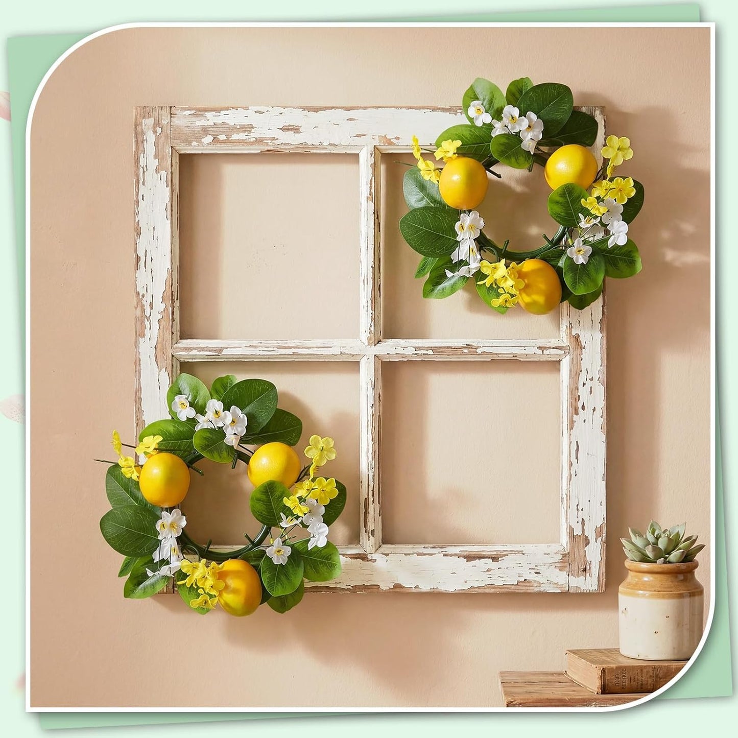4 Pcs Artificial Lemon Candle Rings Wreaths Decorative Greenery Candle Holder with Yellow Lemons and White Flowers with LED Flameless Candles for Farmhouse Summer Wedding Home Table Centerpiece