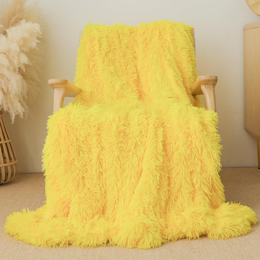 Extra Soft Faux Fur Throw Blanket 50"x60" - Reversible Fluffy Shaggy Double Layer Plush for Couch Sofa Bed, Solid Fuzzy Long Hair Microfiber Comfy Decorative Cozy, Yellow