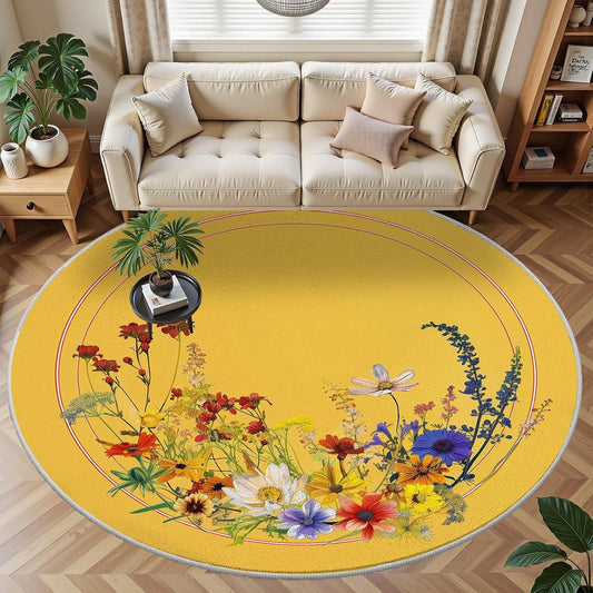 Yellow Floral Round Area Rug 4ft, Vintage Spring Flower Circle Rug, Cottage Leaves Flowers Floor Mat Rugs, Washable Soft Non-Slip Low Pile Carpet for Bedroom Living Room Entryway