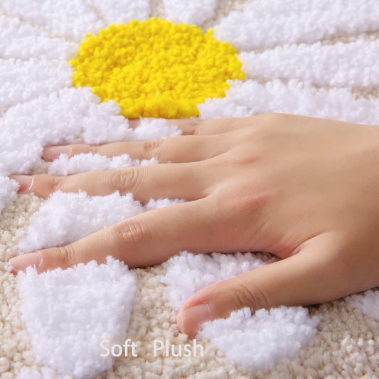 Beige Bathroom Rugs Cute Daisy Bath Mat White and Yellow Flower Decor Rug Non Slip Floor Carpet Microfiber Bathmat Super Absorbent Machine Washable Bathtub Mats for Shower (16x24 inch)