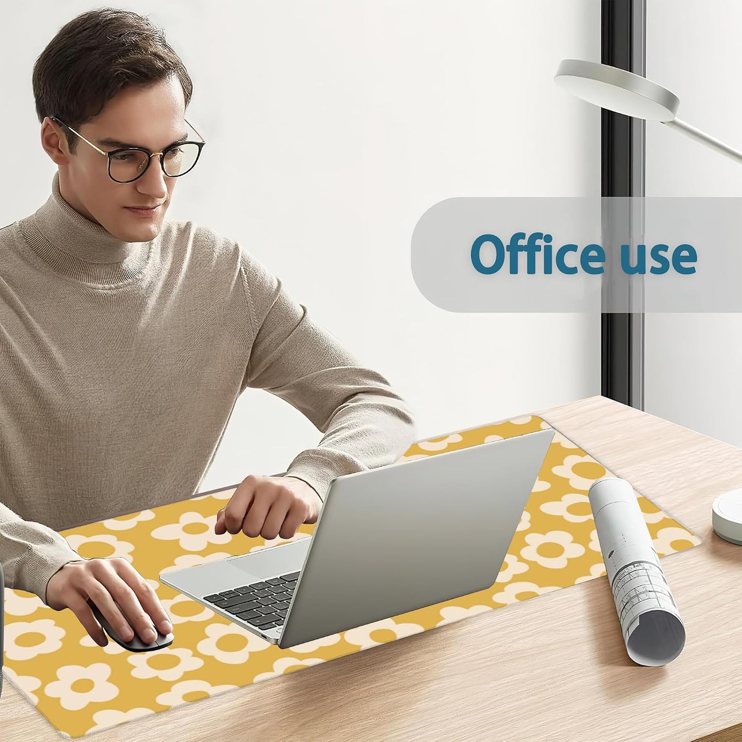 Desk Mat, Vintage Groovy Yellow Flowers Extended Gaming Mouse Pad Large, Big Desk Mat with Non-Slip Base and Stitched Edge, Long Computer Keyboard Mouse Mat for Home Office Work 31.5"x11.8"