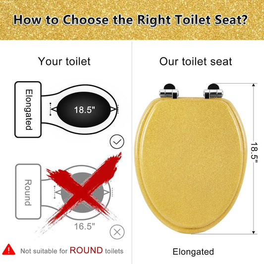 Glitter Toilet Seat Molded Wood Elongated Toilet Seat with Quietly Close and Quick Release Hinges, Easy to Clean also Easy to Install (Elongated 18.5'', Yellow)