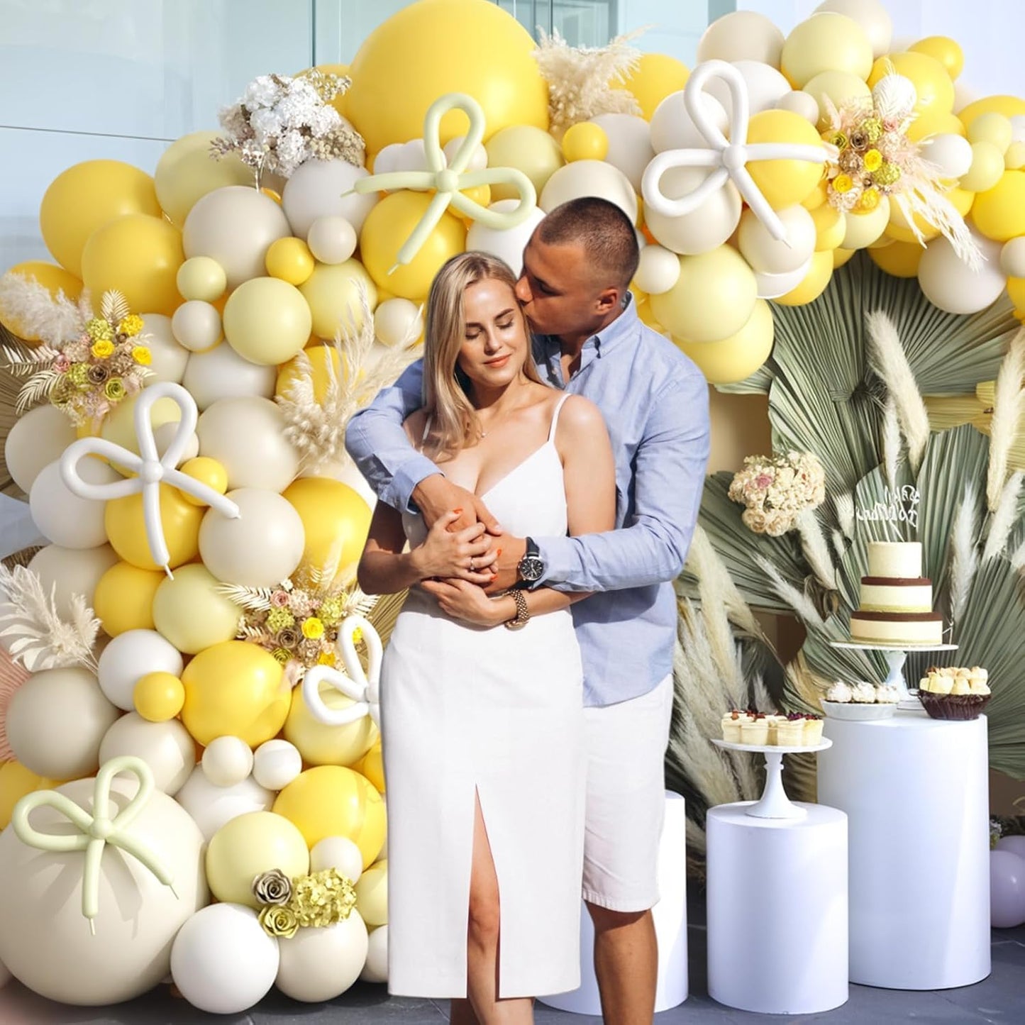 Mustard Yellow Bow Balloon Arch Kit, Sand White Pastel Yellow Balloon Garland Kit, Yellow White Latex Party Balloons for Bee Birthday Wedding Baby Shower Gender Reveal Boho Bee Party Decoration