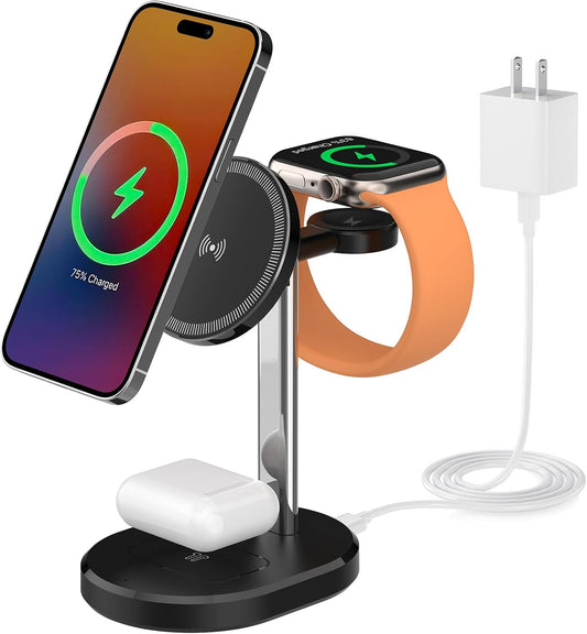 3 in 1 Wireless Charging Station,Detachable Apple Watch Charger & 15W Charger Stand for MagSafe for iPhone, Wireless Charger for Multiple Devices iPhone 16/15/14/13&Watch&AirPods(Yellow)