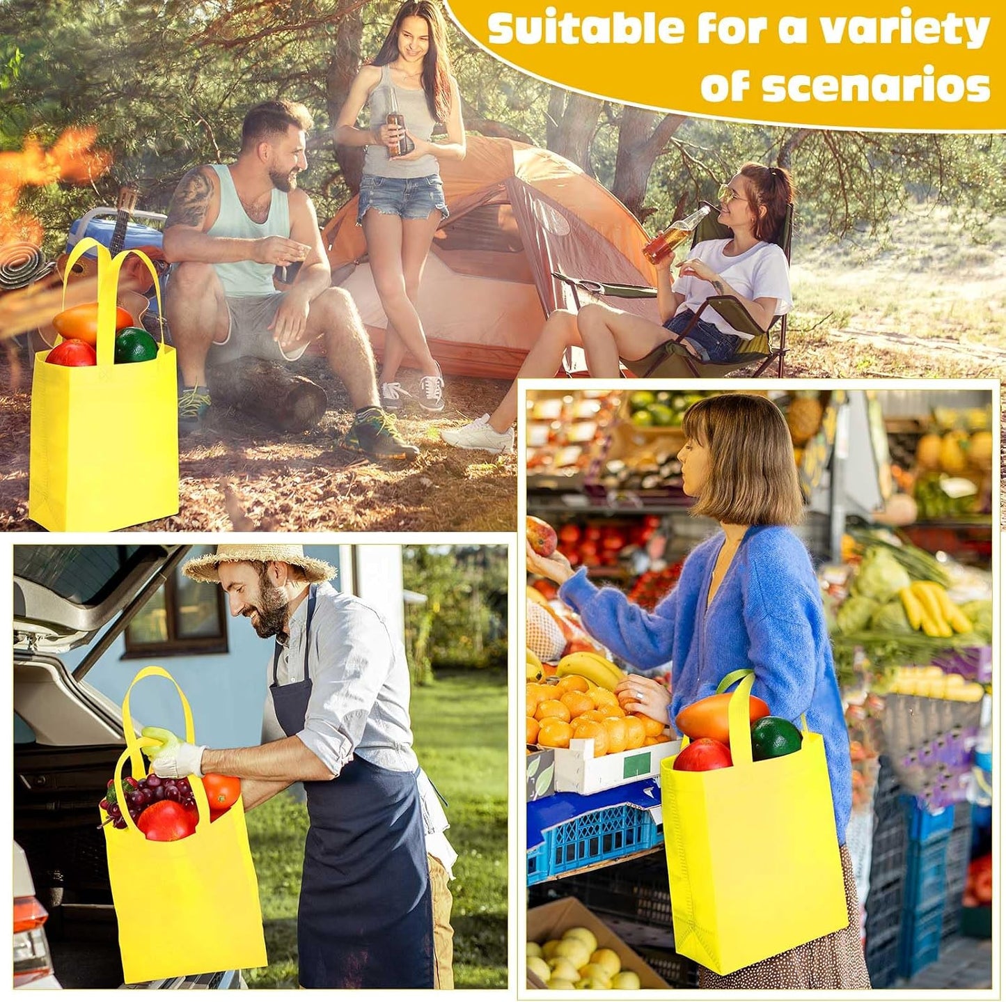 50 Pcs Reusable Tote Bag Bulk 8 x 4 x 10 Inch Non Woven Shopping Bag with Handle Reusable Portable Grocery Gift Tote (Light Yellow)