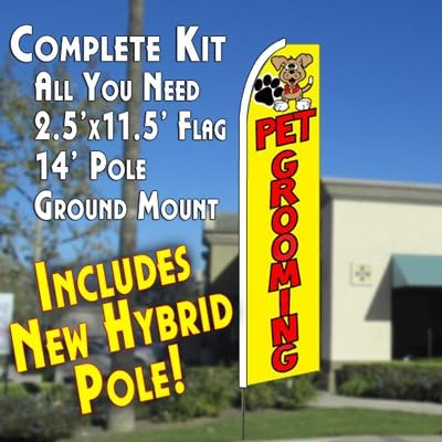 PET GROOMING (Yellow) Flutter Feather Banner Flag Kit (Flag, Pole, & Ground Mt)