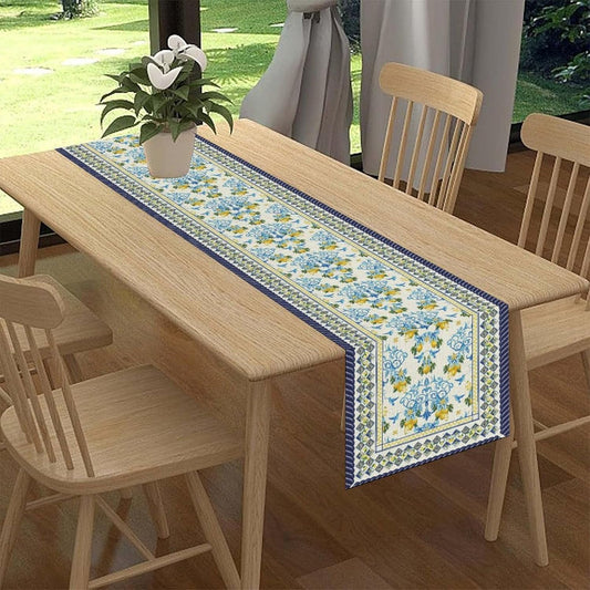 Mediterranean Lemon Table Runner, Vintage Nvavy Blue Tile Bird Floral Summer Fruit Yellow Table Decor for Home Kitchen Dining Patio Holiday Party Indoor Outdoor Table Decorations 13x36 inch