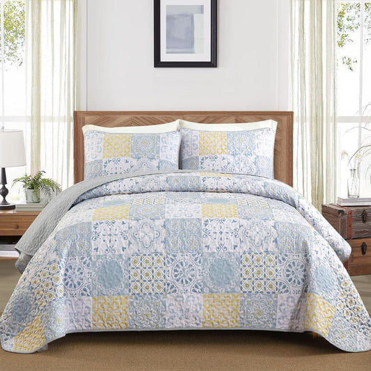 Queen Quilt Set 3 Pieces, Blue/Yellow/Grey Patchwork Bedspreads, Boho Summer Coverlet Set, Soft Lightweight Microfiber Bedding Set for All Seasons 96"x90"