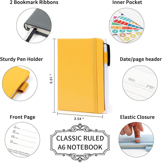 Pocket Notebook Journals, Mini Cute Small Hardcover College Ruled Notepad Office School Supplies, with 3 Black Pens, 3.5”x 5.5”, 3 Pack, A6, Solid Colors, Gray, Yellow, Light Blue