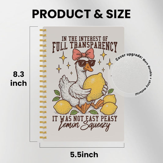 Funny Goose Lemon Notebook Journal, Coquette Bow Silly Goose Lemon Journal, It Was Not Easy Peasy Lemon Squeezy Sarcastic Spiral Notebook 5.5x8.3, Animal Lover Gifts for Women