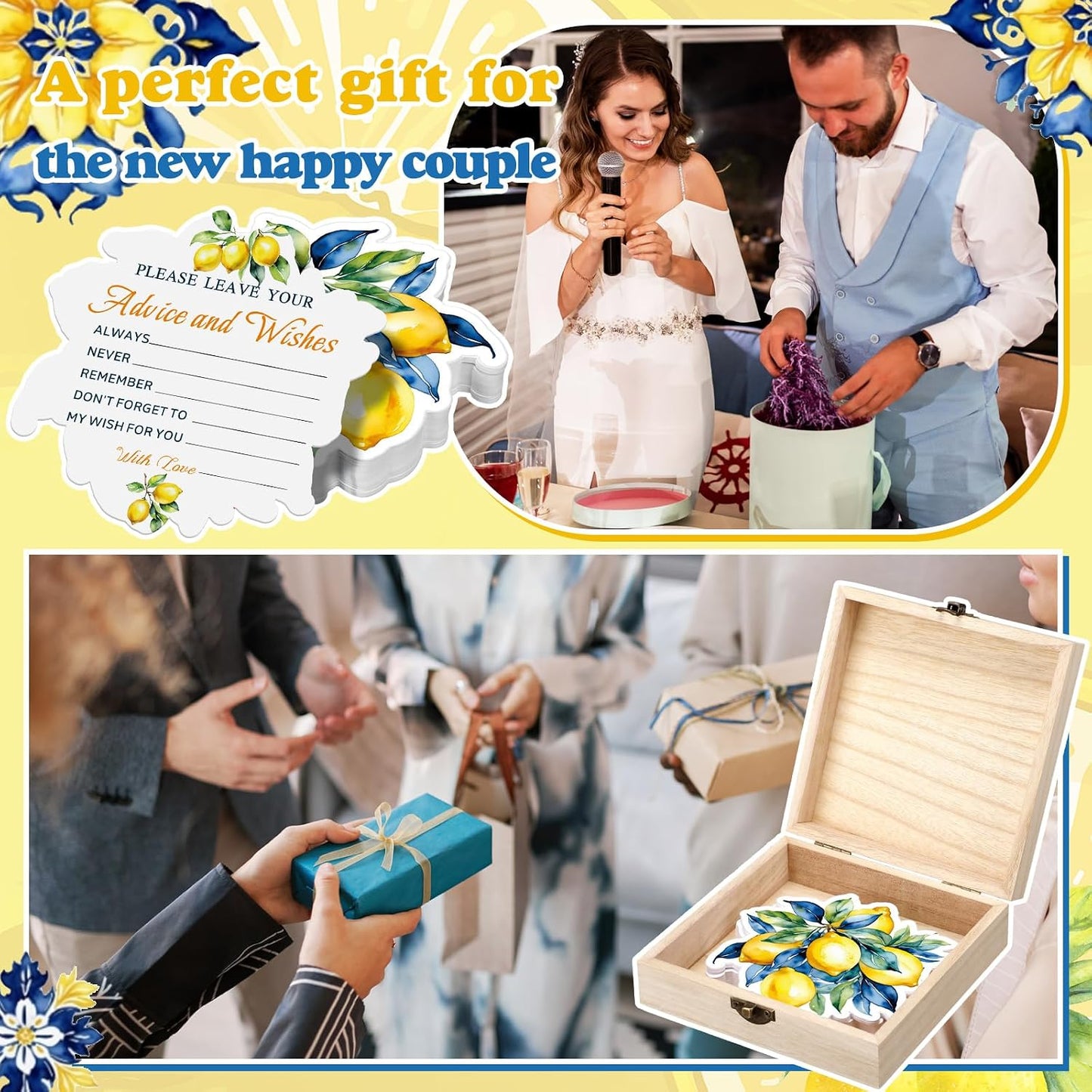 50 Pcs Lemon Advice & Wishes Cards for the Mr & Mrs Amalfi Coast Decor She Found Her Main Squeeze Bridal Shower Decorations Lemon Bridal Shower Favors with Wooden Keepsake Box for Wedding