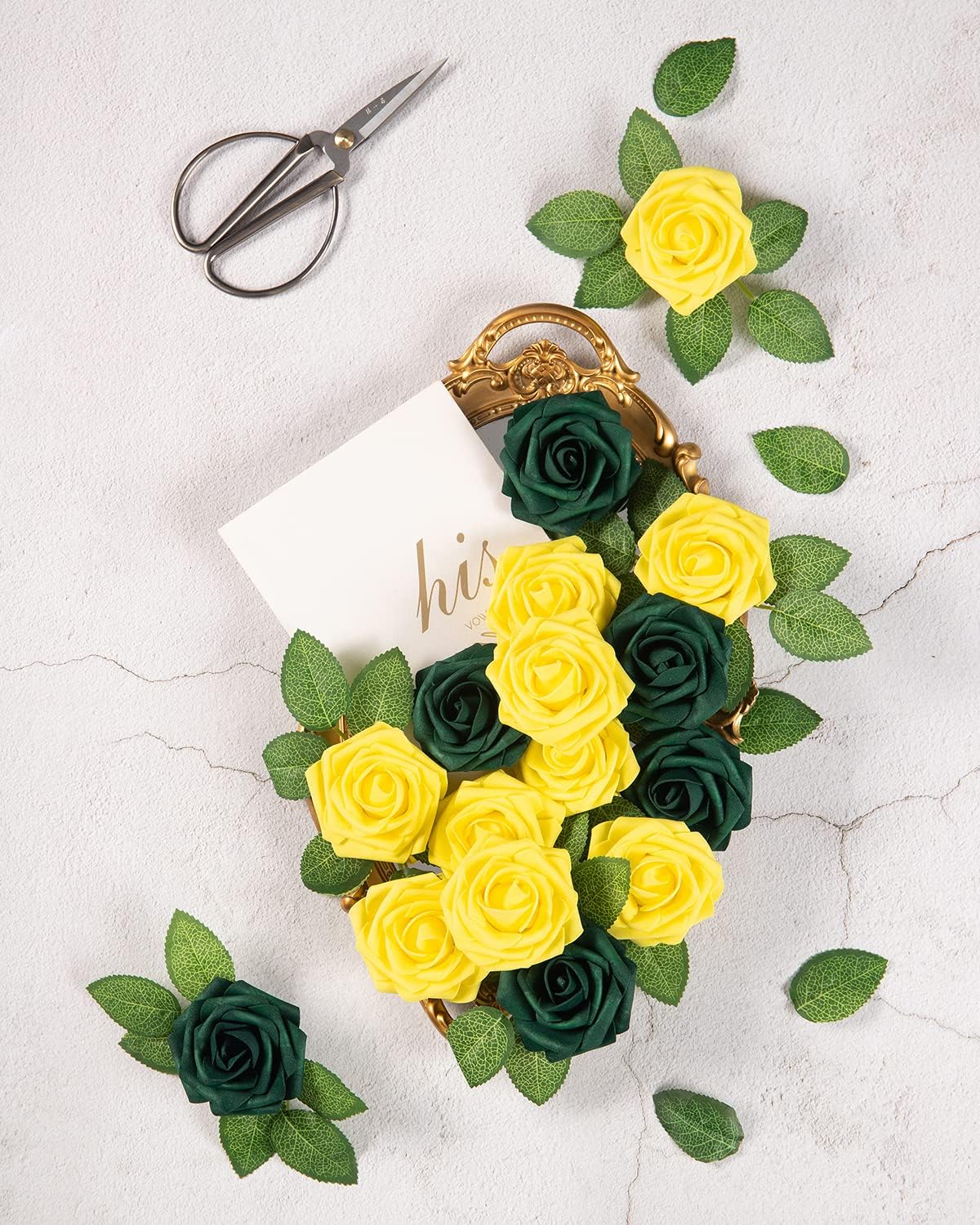 25Pcs Artificial Roses Flowers Fake Roses with Stems Real Touch Foam Flowers for DIY Wedding Bouquet Party Centerpiece Floral Arrangement Party Home Decor(Yellow)