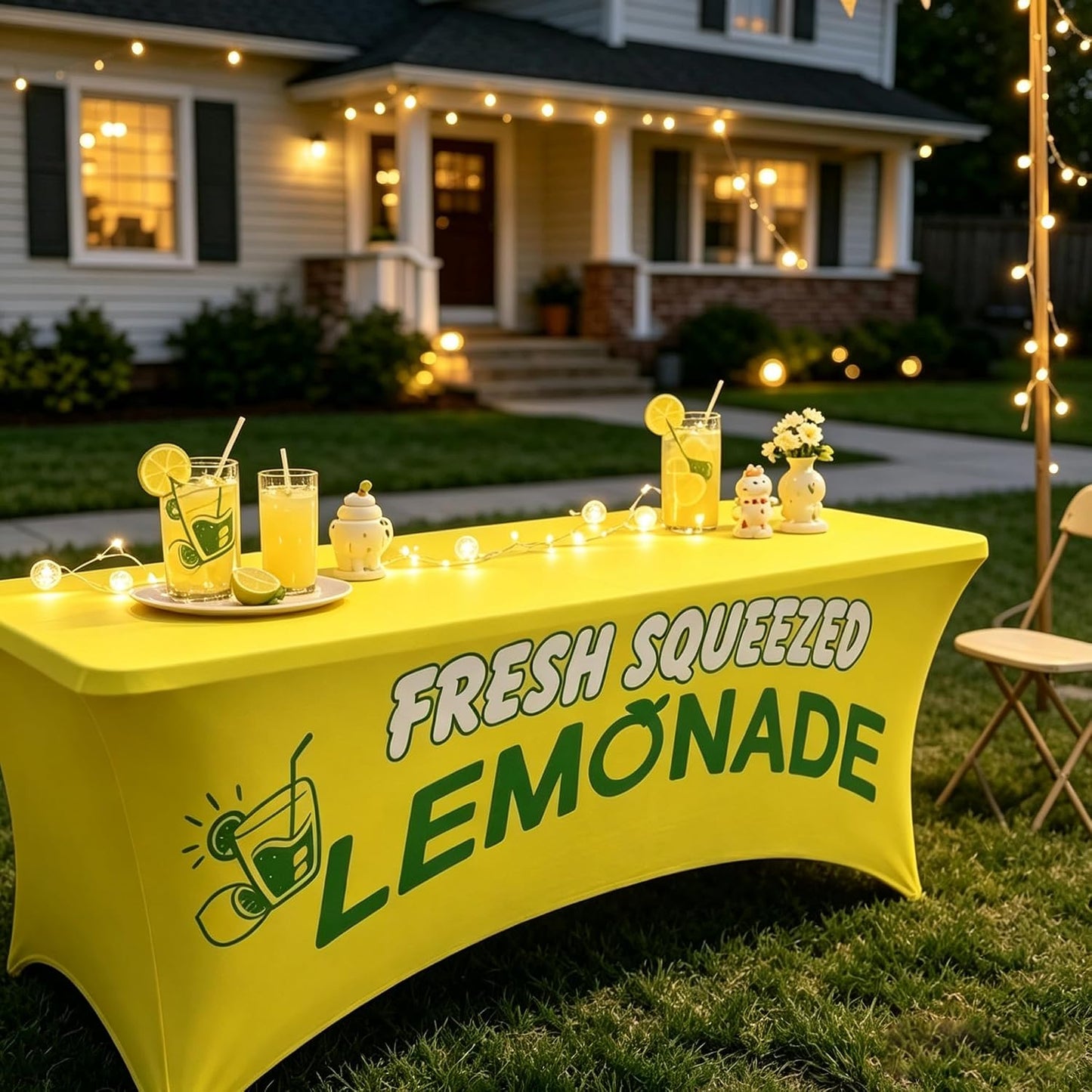 Elastic Lemonade Stand Table Cloth – 70"x30" Fitted Polyester Table Cover for 6 Ft Rectangle Table – Cute Lemon Pattern – Washable & Stain Resistant for Lemonade Stand Supplies (Lemon Rose)