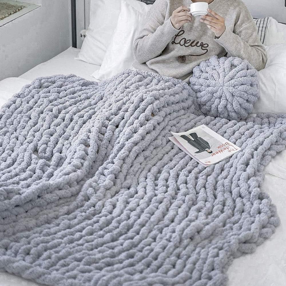 Chunky Knit Blanket Warm Throw Knitted Throw Blankets for Couch Bed Fluffy Soft Blanket with Jumbo Chenille Yarn Thick Handmade,Yellow,50 * 50 cm