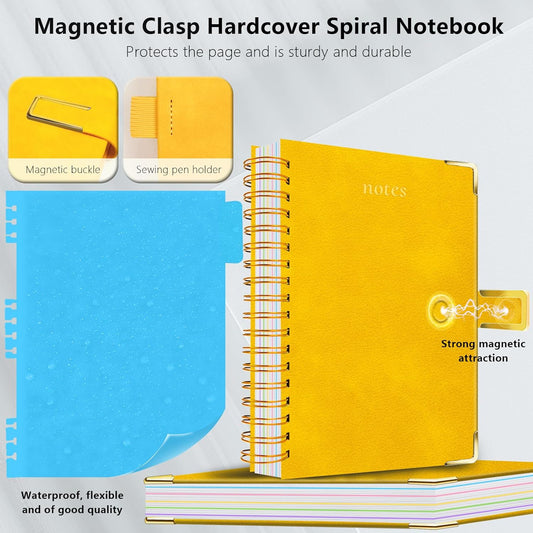 Hardcover Spiral Notebook College Ruled, 6.2"x 8.2" Leather Journal Notebook with Magnetic Closure, 300 Pages 5 Subject Notebook with Dividers Tabs Journal for Women Men, Work, School(Yellow)