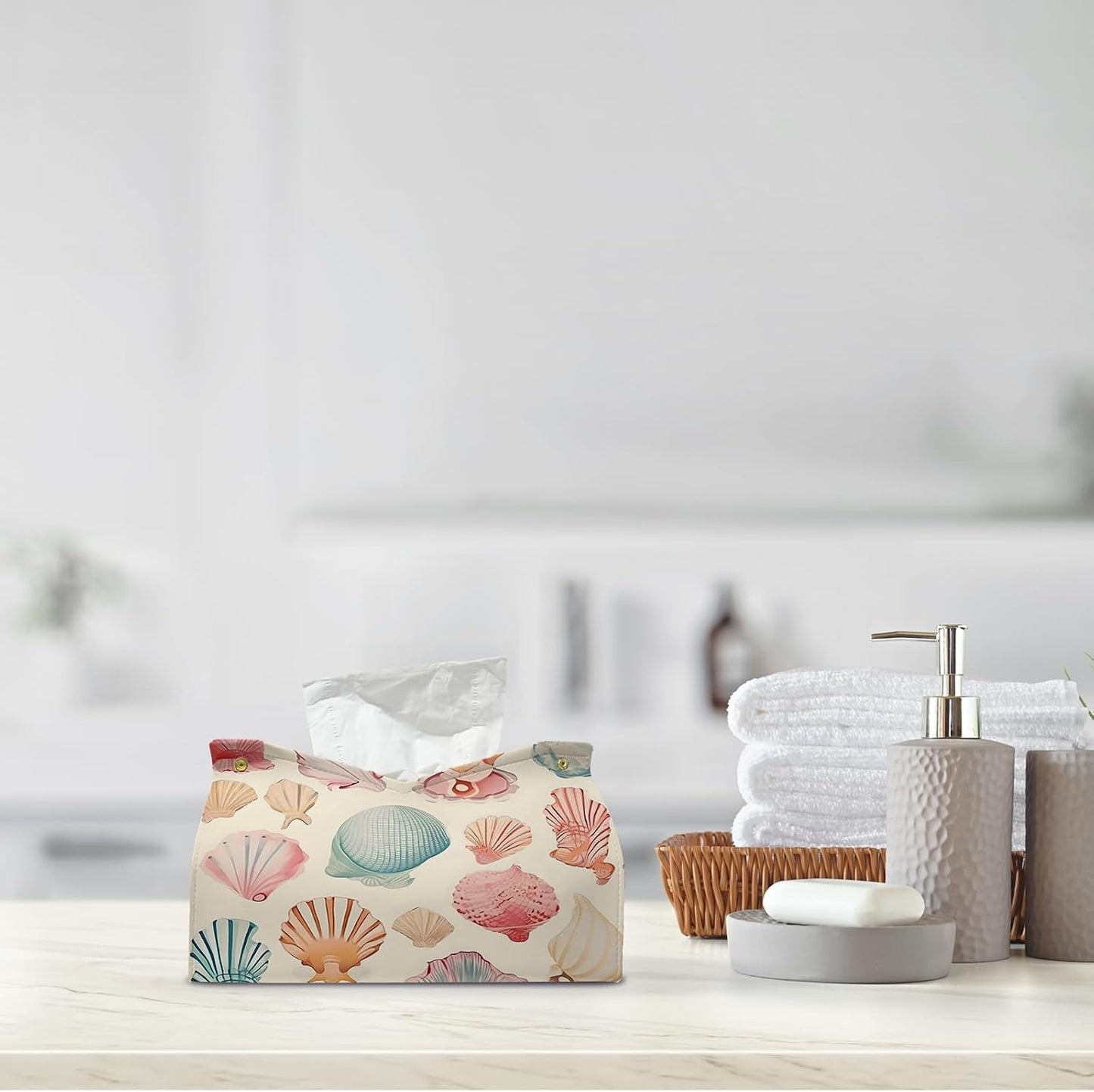 Yellow Seashell Tissue Box Cover Rectangle,Coastal Beach Decorative Tissue Holder,Summer Ocean Shell Tissue Case for Home Bathroom Office Desk Decorative,9.8x5.9x7 Inch
