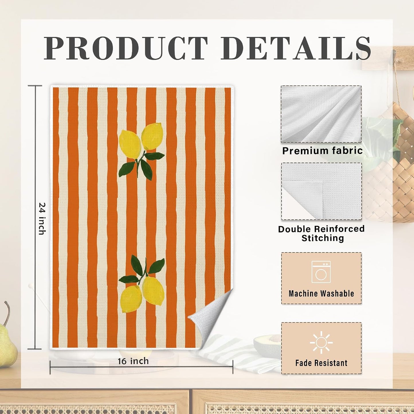 Lemon Kitchen Dish Towels, Trendy Retro Orange Striped Fruit Decorative Hand Tea Towels for Bathroom, Lemon Kitchen Bathroom Decor, 16x24 Inch