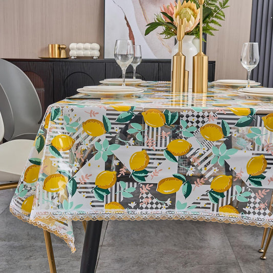 Clear Plastic Table Cover Protector with Lemon Print Pattern,Waterproof Vinyl Tablecloth,Wipeable Reusable PVC Clear Table Protecto for Rectangle Dining Tables,54" x 120"