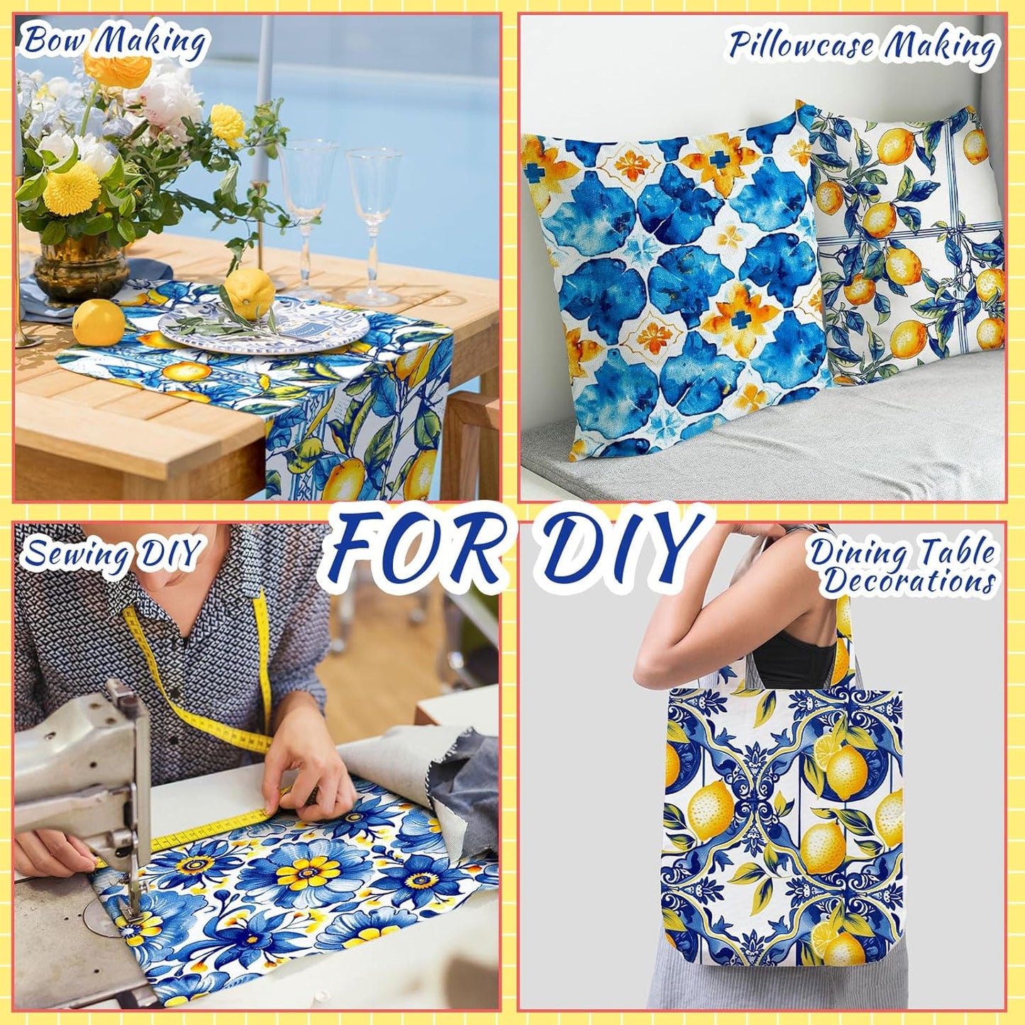 16pcs 18 x 22 Inch Chinoiserie Lemon Quilting Fabric Bundles Blue White Yellow Fat Squares Patchwork Porcelain Floral Precut Strips Fabric Materials for Holiday Crafting DIY Craft Sewing