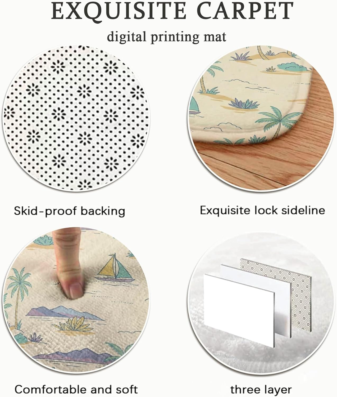 Palm Trees Area Rug, Tropical Casual Sailboats Mountains Summer Light Yellow Low Pile Sponge Doormat Accents Rug Fade Resistant Bathroom Entryway Bedside Laundry Room Decor 3' X 5'