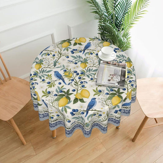 Chinoiserie Round Tablecloth 70 Inch Vintage Blue Green Floral Bird Table Cloth Lemon Flower Summer Table Covers Polyester Indoor Outdoor Farmhouse Tablecloths for Kitchen Dining Party Picnic