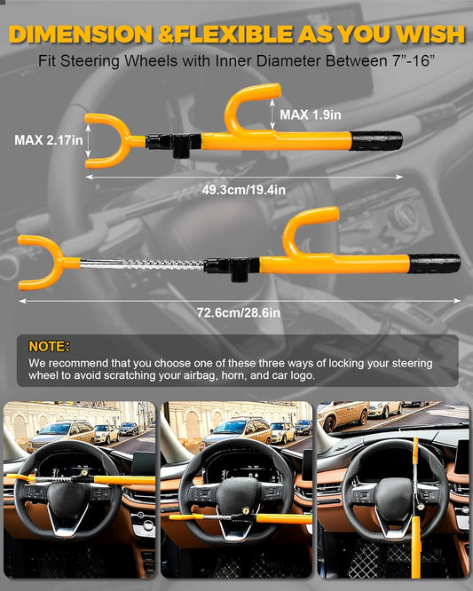 Steering Wheel Lock - Anti Theft Device with Adjustable Car Wheel Lock, 3 Keys (Yellow)