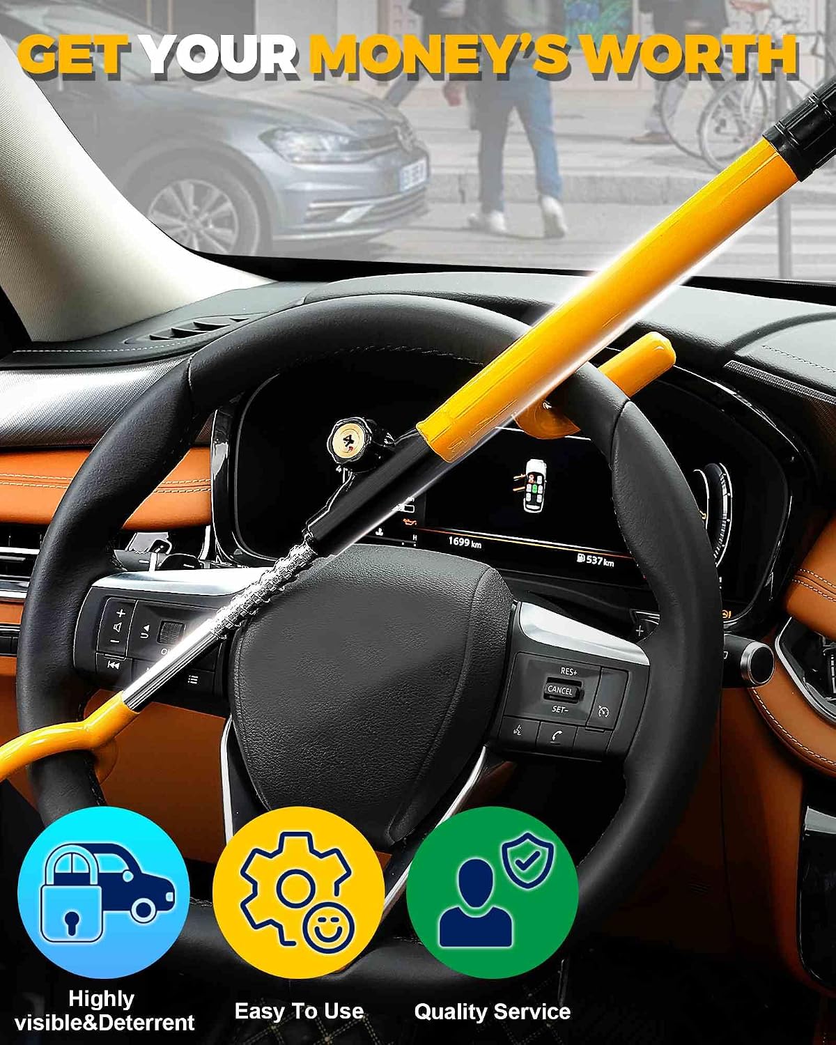 Steering Wheel Lock - Anti Theft Device with Adjustable Car Wheel Lock, 3 Keys (Yellow)