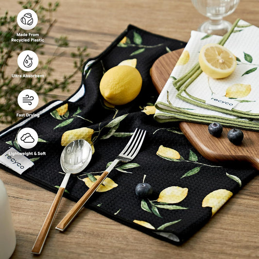 RECYCO Waffle Kitchen Towel Set of 2 - Quick Dry Microfiber Sustainable Dish Towels - Ultra Absorbent Reusable Cleaning Tea Towels - Lightweight Hand Towels,16βx 28β, Lemon Grove
