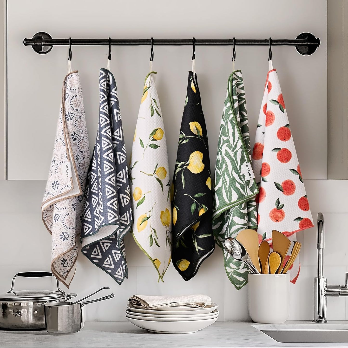 RECYCO Waffle Kitchen Towel Set of 2 - Quick Dry Microfiber Sustainable Dish Towels - Ultra Absorbent Reusable Cleaning Tea Towels - Lightweight Hand Towels,16”x 28”, Lemon Grove