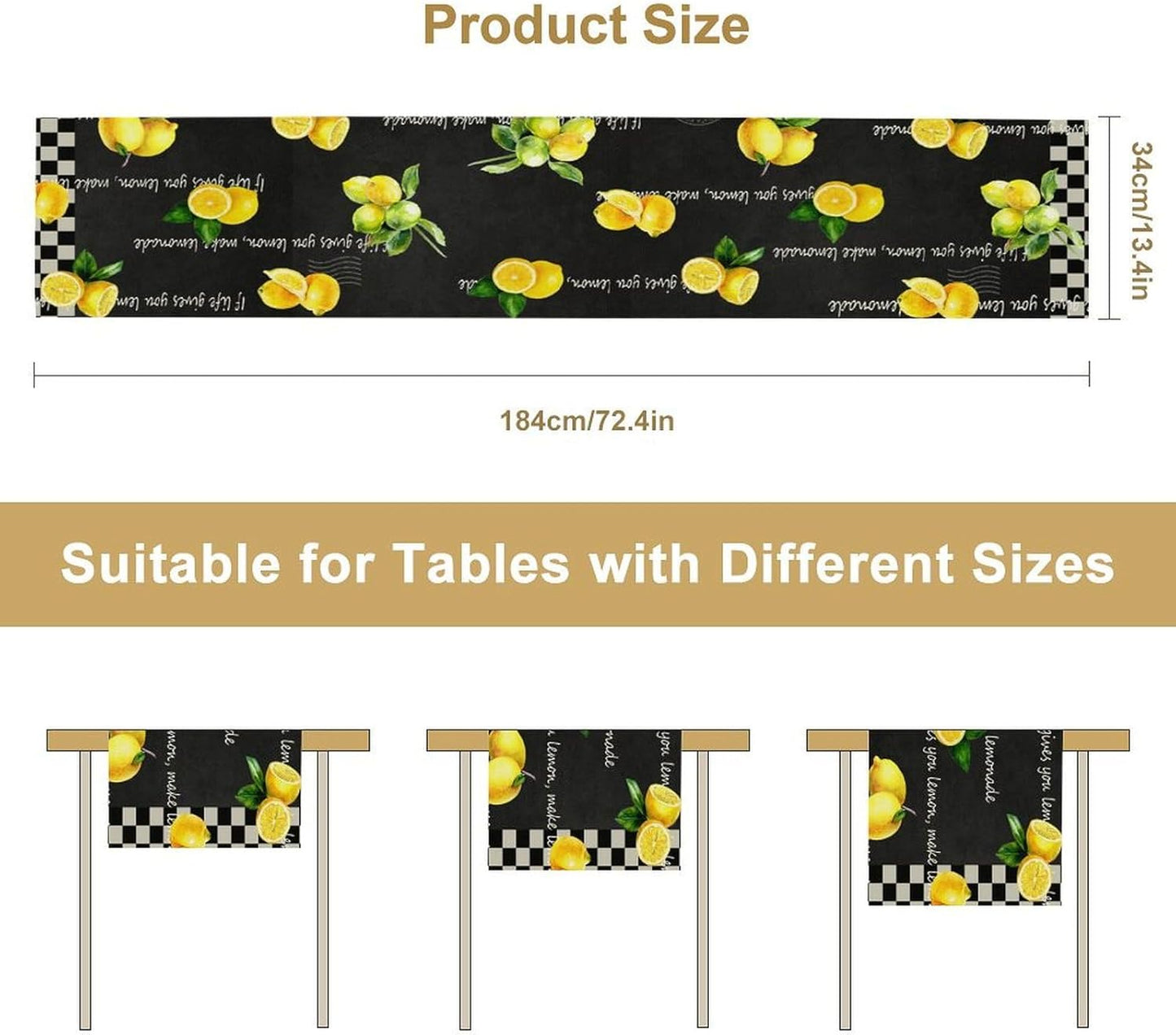 Blue Tile Lemon Table Runner, Summer Fresh Lemon Florals Print Table Runner for Farmhouse Home Dining Kitchen Table Decor Indoors Outdoors Party, 13x36in