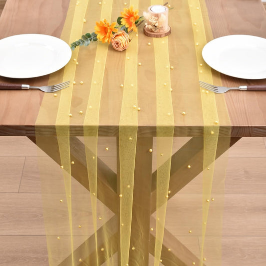 Yellow Pearl Table Runner Boho Rustic Tulle Lace Dining Baby Shower Wedding Arch Decor Veil Dessert Holiday Centerpiece Table Decor 3pcs