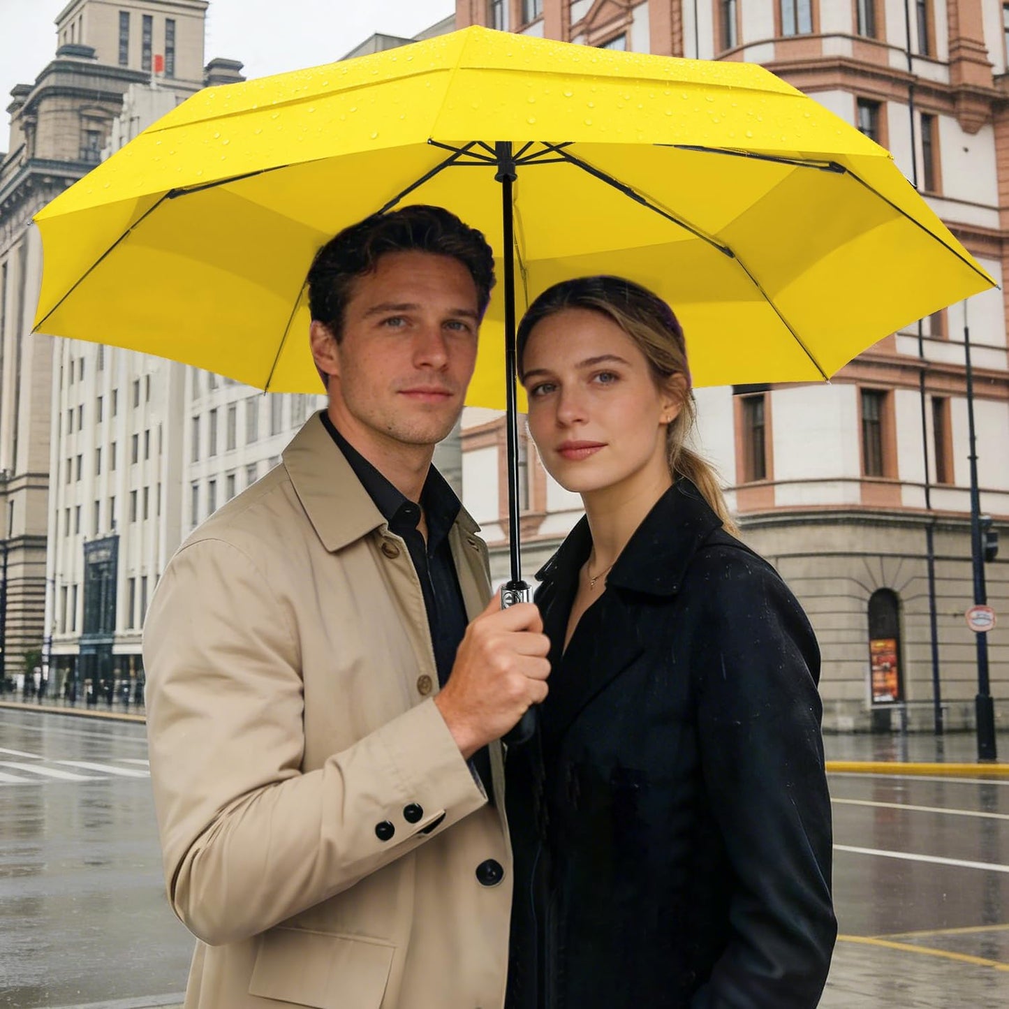 Windproof Golf Umbrella Large 54 Inch Folding Auto Open Close Wood Handle | Big Oversized Canopy Umbrella, Collapsible Portable for Travel, Wind Resistant, One-Touch Open, Wood Handle for Women & Men.