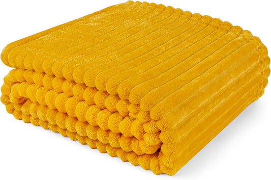 PAVILIA Super Soft Fleece Throw Blanket Yellow Mustard, Luxury Fuzzy Plush Flannel Throw, Warm Cozy Ribbed Microfiber Blanket for Sofa Couch Bed, Lightweight Striped Blanket, Yellow, 50x60