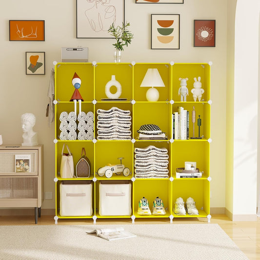 Cube Storage Organizer, Closet Organizers Storage Shelf, 16 Cube | DIY Stackable Storage Cube Shelves, Plastic Clothes Organizer Shelving for Bedroom, Home Office, Yellow