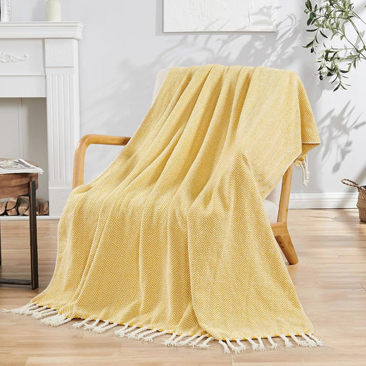 Herringbone Knitted Two Tone Throw Blankets with Braided Tassel Fringe, Boho Farmhouse Lightweight Turkish Throw Blanket for Couch Bed Sofa, Picnic, Yoga, Outdoor Blanket, 50 x 60 Inch, Yellow