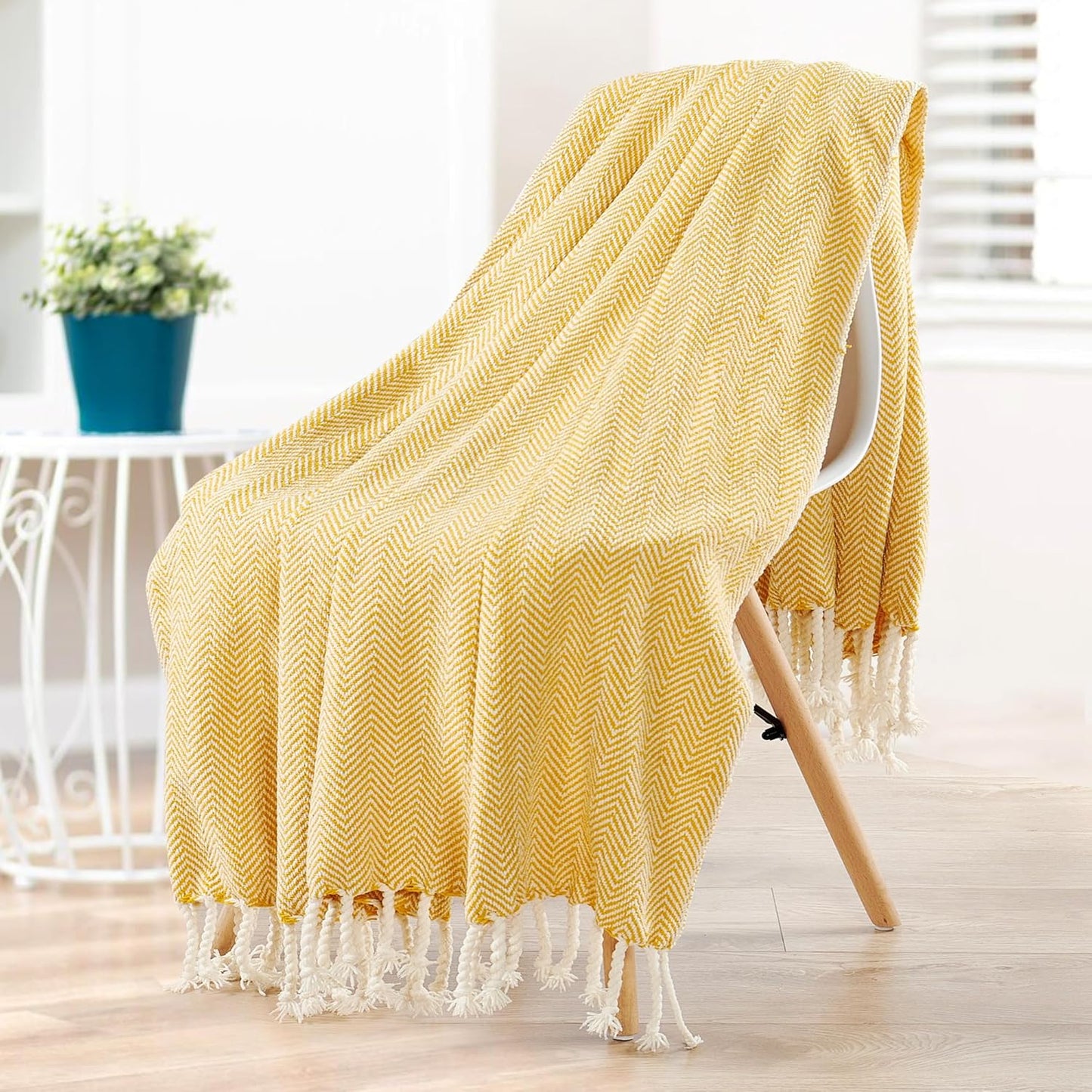 Herringbone Knitted Two Tone Throw Blankets with Braided Tassel Fringe, Boho Farmhouse Lightweight Turkish Throw Blanket for Couch Bed Sofa, Picnic, Yoga, Outdoor Blanket, 50 x 60 Inch, Yellow