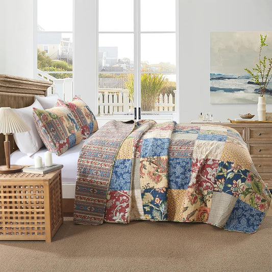 Cotton Bedspread Quilt Sets Reversible Bedding Coverlet Sets 3 Pieces Gorgeous Rustic Vintage Floral Red Yellow Patchwork Bedspread, King Size