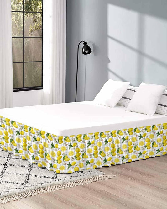 Yellow Summer Lemon Bed Skirt Queen Size 16 Inch Drop, Adjustable Elastic Wrap Around Bed Skirts Easy Fitting Dust Ruffle Bedskirt Bed Frame Cover Summer Botanical Gray Plaid
