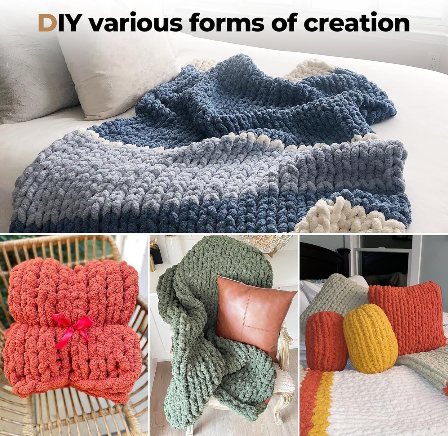 Chunky Yarn for Hand Knitting, Soft Jumbo Chenille Yarn, 8 Pack | Yellow,Bulky Fluffy Yarn for Crocheting Blankets, Scarves & DIY Crafts, 28 Yards, 8 Ounces Each