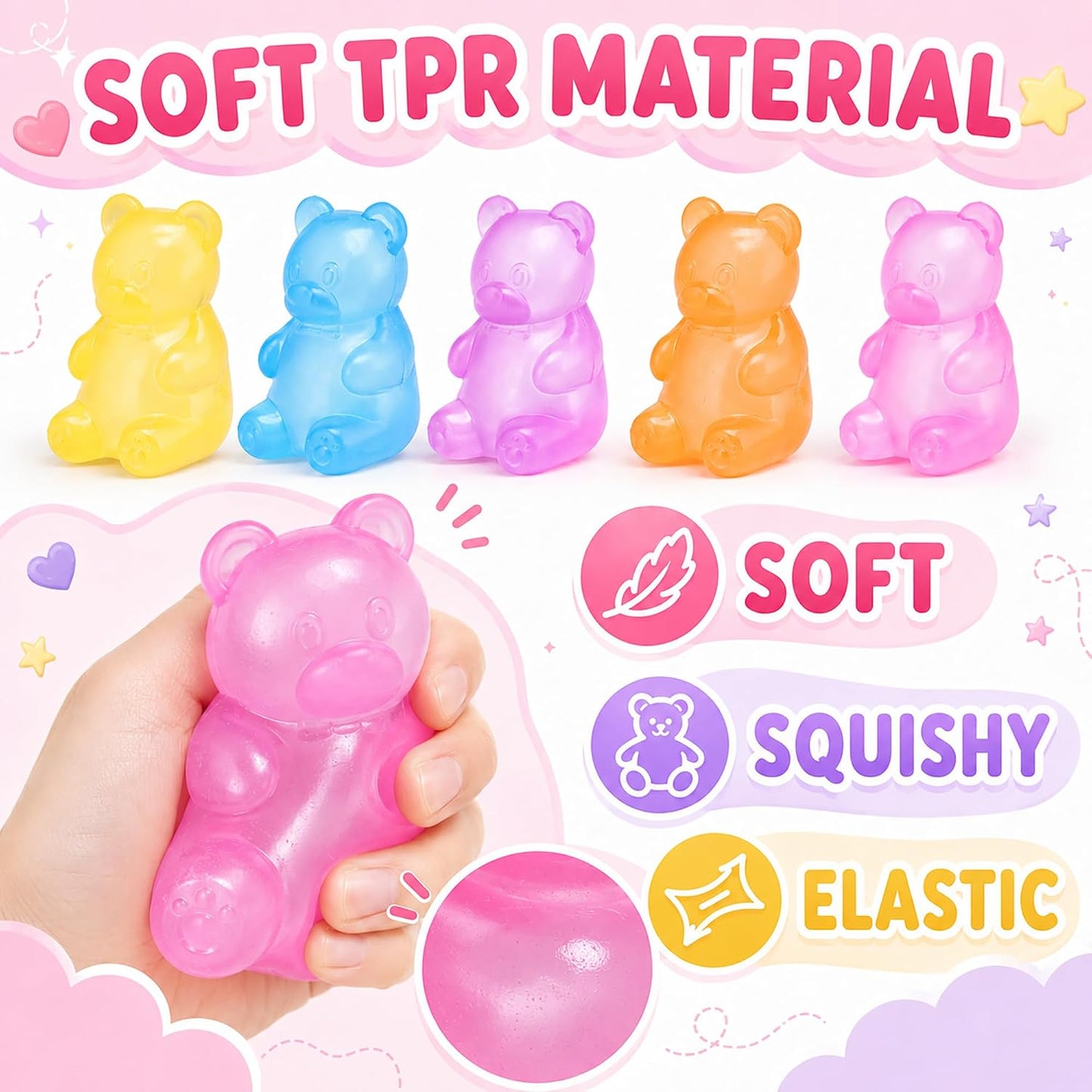 4pcs Cute Bear Squishy Toys, Stress Relief Squeeze Toys, Soft Squishies Fidget Toys, Anxiety Relief Sensory Toys for Kids Adults, Party Favors Birthday Gifts Classroom Prizes