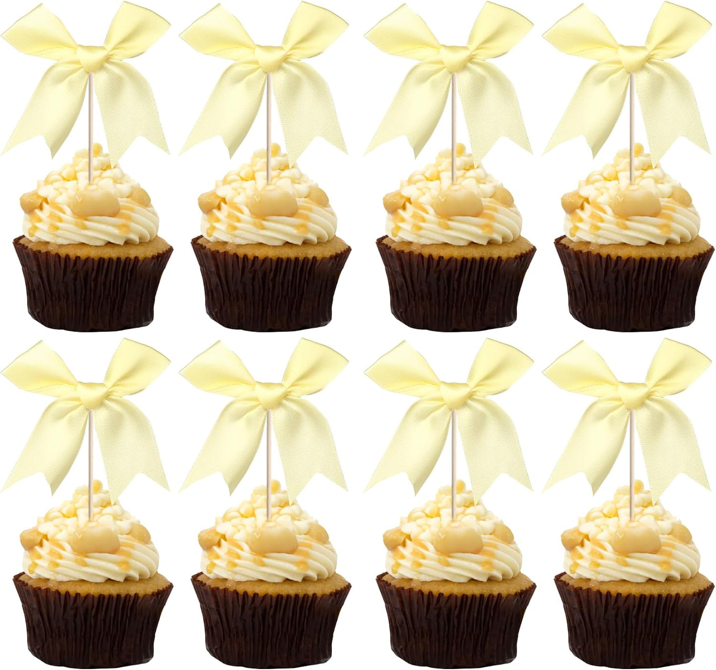 24 PCS Bow Cupcake Toppers Bow Cupcake Picks Bowknot Birthday Party Decorations Bowknot Cake Dessert Picks for Baby Shower Birthday Wedding Bridal Engagement Party Cake Decorations Supplies Yellow
