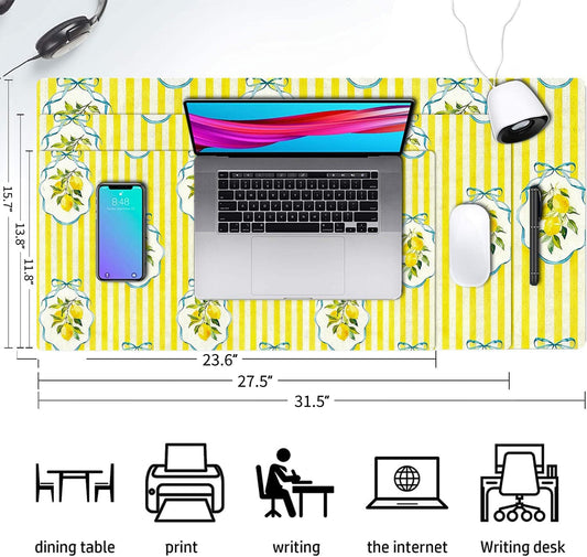 Cute Desk Mat, Yellow Lemon Striped Large Mouse Pad for Desktop, PU Leather Waterproof Desk Pad, Anti-Slip Computer PC Laptop Protector Gaming Mouse Pads Office Home Decor (23.6" x 11.8")