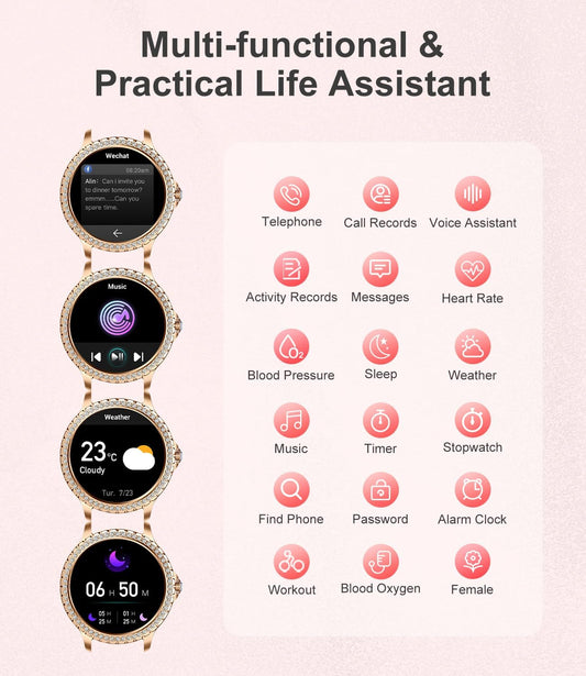 Smart Watch for Women(Answer/Make Calls),1.3"HD Diamonds Luxury Smartwatch for Android iPhone Phones,Fitness Trackers with 20+ Sport Modes/Heart Rate/IP68 Waterproof/SpO2/Sleep Monitor,Rose gold
