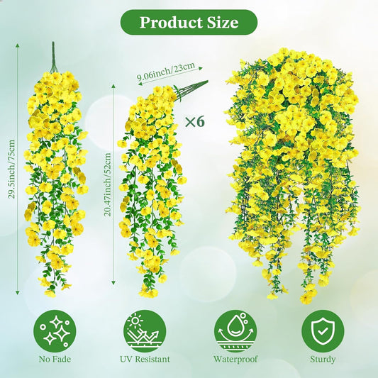 Artificial Flower for Outdoors, 6PCS Fake Artificial Morning Glory Flowers, UV Resistant Outdoor Flowers Hanging Morning Glory, Realistic Faux Flower for Spring Garden Porches Decor (Yellow)