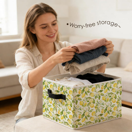 Rustic Yellow Lemon Floral Storage Bins Box with Handles, Cottagecore Lemon Fruits Flower Botanical Foldable Basket Toybox for Bedroom Bathroom Laundry Room Home Clothes Toys Books