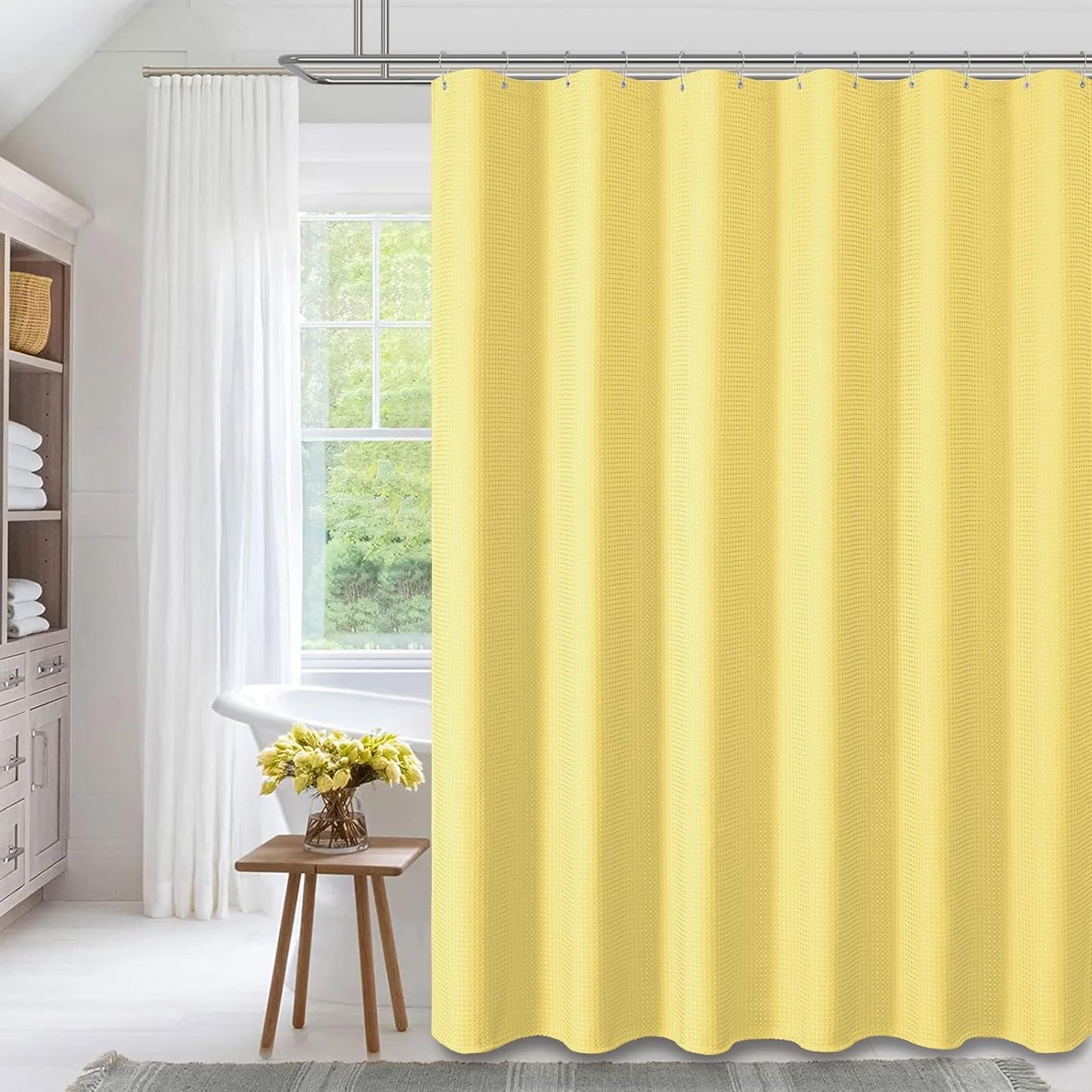 Yellow Fabric Shower Curtain - Waffle Weave Textured Heavy Duty Cloth Shower Curtains for Bathroom, 256GSM Hotel Luxury Weighted Bath Curtain Set with 12 Hooks,72x72, Yellow