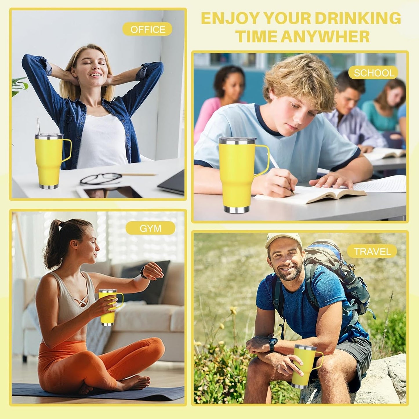 30 oz Tumbler with Handle, Stainless Steel Insulated Tumbler with Lid and Straw, Double Wall Vacuum Coffee Mug Tumbler, Insulated Coffee Thermal Cup for Cold and Hot (Yellow)